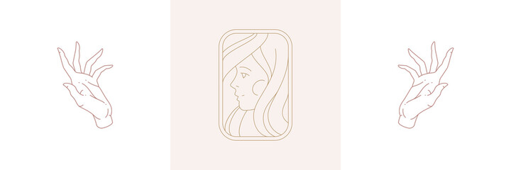 Magic woman with hairstyle and female hands gestures in boho linear style vector illustrations set.