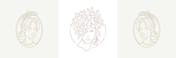 Woman busts and female head wearing flowers in boho linear style vector illustrations set.