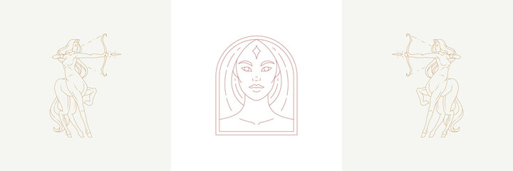 Magic woman head and female sagittarius in boho linear style vector illustrations set.