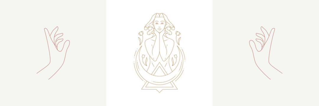 Magic woman with crescent and praying female hands gestures in boho linear style vector illustrations set.