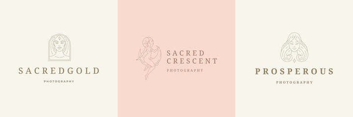 Feminine logos emblems design templates set with magic female vector illustrations minimal linear style
