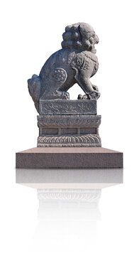 Chinese or Imperial guardian lion. Stone statue on granite pedestal isolated on white background. Design element with clipping path
