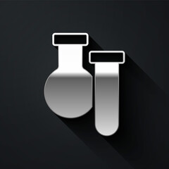 Silver Test tube and flask chemical laboratory test icon isolated on black background. Laboratory glassware sign. Long shadow style. Vector