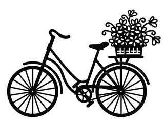 Fototapeta na wymiar City bicycle silhouette full of yellow flowers in wicker basket and bird. Vector graphic illustration of romantic bike isolated on white background