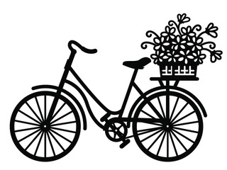City bicycle silhouette full of yellow flowers in wicker basket and bird. Vector graphic illustration of romantic bike isolated on white background