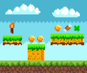 Pixel-game scene with grass, trees and awards for player golden coins, meat bone, torch and leaf