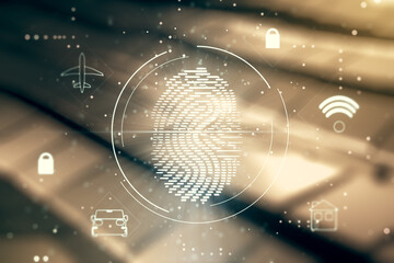 Double exposure of virtual creative fingerprint hologram on shiny metal background, protection of personal information concept