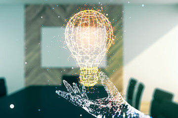 Virtual Idea concept with light bulb illustration on a modern conference room background....