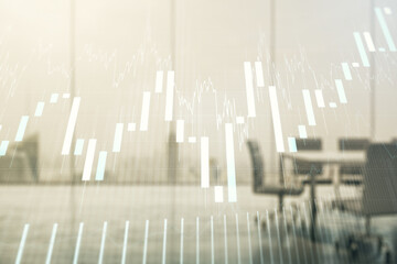 Multi exposure of abstract virtual financial graph hologram on a modern conference room background, forex and investment concept