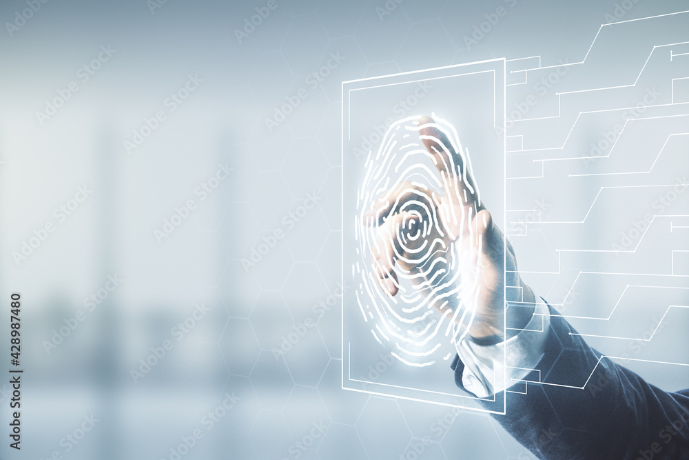 Fototapete Multi exposure of man hand working with virtual fingerprint scan interface on blurred office background, digital access concept