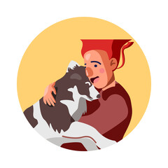 Cartoon a man hugging dog vector illustration, owner embracing with pet on the yellow circle background.