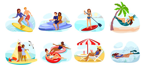 Summer vacation.Young couple at seaside resort. Woman relax on the beach. Rest outdoors. Surfing, watercraft, paddle boarding, boating, diving. Set of people spending summer break. Vector illustration