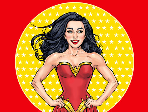 Pop Art super hero woman. Girl power advertising poster. Winner showing her muscular body. We Can Do It. Superwoman.Gym trainer or coach. Feminism representative.Sports nutrition cover.