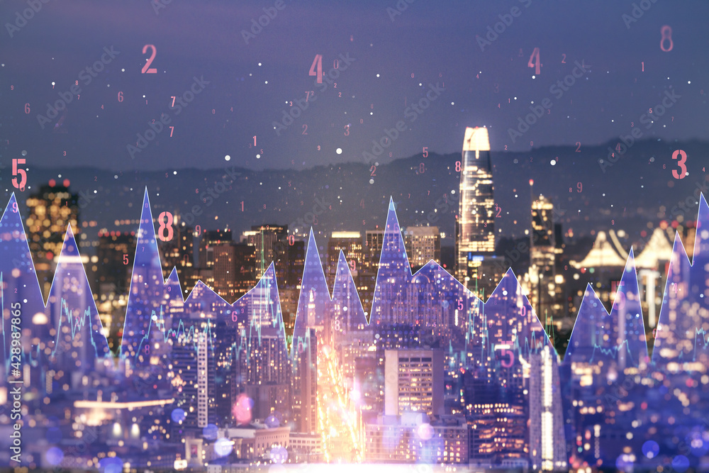 Poster multi exposure of abstract statistics data hologram interface on san francisco office buildings back