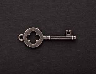 Decorative metal key on the empty black background