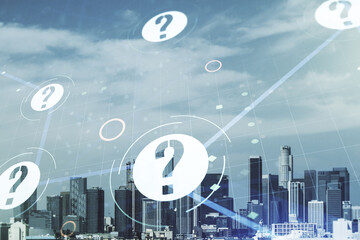 Abstract virtual question mark illustration on Los Angeles skyline background. FAQ and search concept. Multiexposure