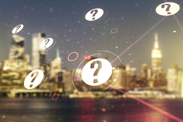 Abstract virtual question mark sketch on blurry office buildings background, FAQ and research concept. Double exposure