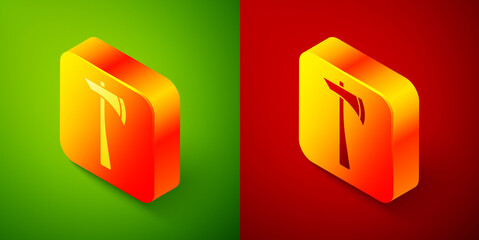 Isometric Firefighter axe icon isolated on green and red background. Fire axe. Square button. Vector