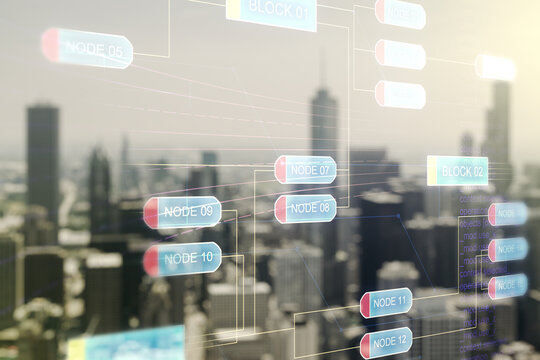 Abstract virtual coding concept on blurry skyline background. Multiexposure