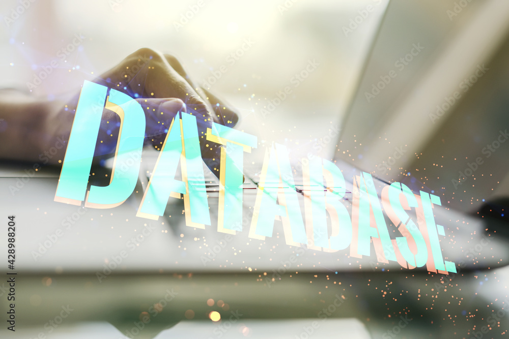 Aufkleber double exposure of database word sign with hands typing on computer keyboard on background, global r