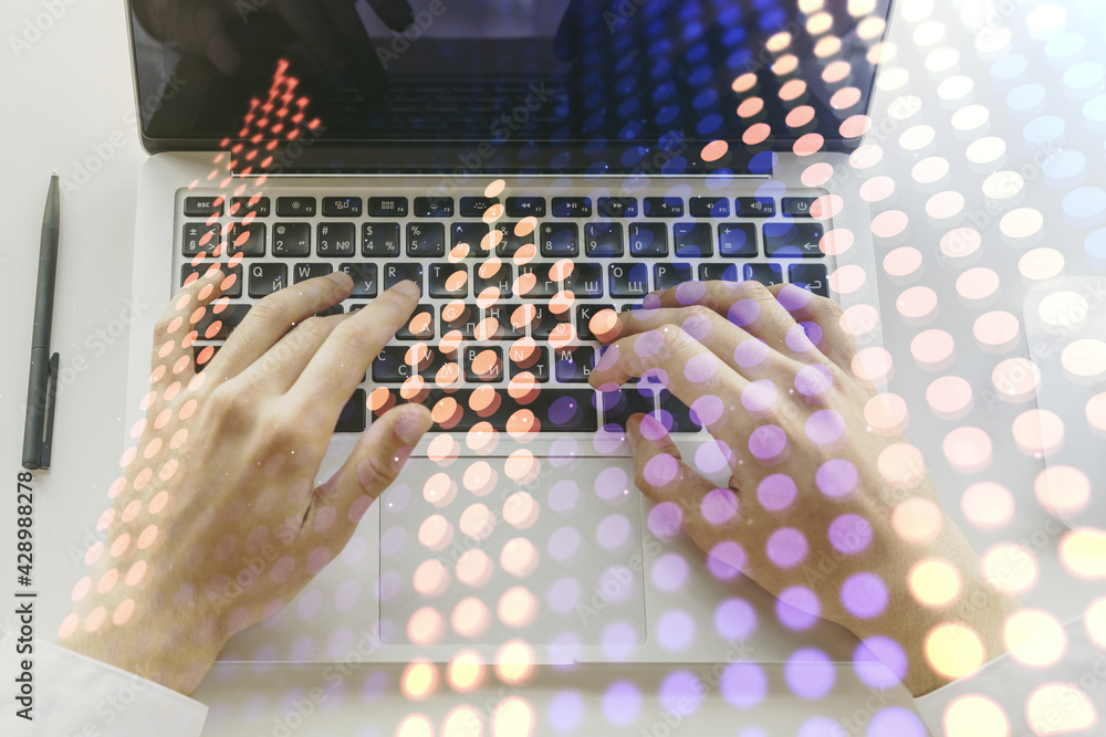 Poster creative abstract upward arrows sketch and hands typing on computer keyboard on background, target a