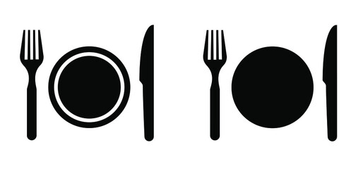Plate, fork and knife icon. Food symbol  for bar, cafe, hotel concept. Eating icon in black. Ready to eat healthy food. Funny flat vector logo sign for dinner, breakfast, lunch meal service.