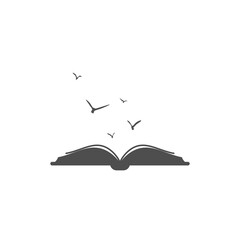 Open book with black birds flying out. Isolated on white background.