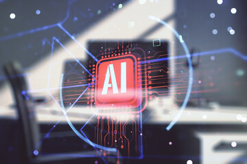 Double exposure of creative artificial Intelligence abbreviation and modern desk with computer on...