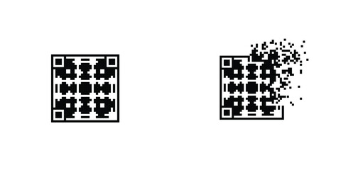 Ornamental Qr code tile disintegration into pixels, illustration for graphic design, colors: black and white