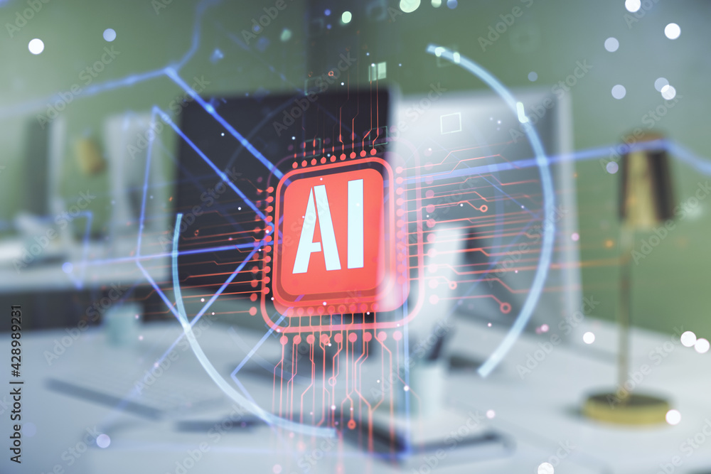 Aufkleber Double exposure of creative artificial Intelligence abbreviation with computer on background. Future technology and AI concept