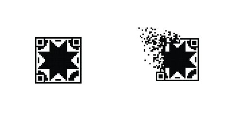 Ornamental Qr code tile disintegration into pixels, illustration for graphic design, colors: black and white