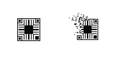 Ornamental Qr code 8 bit dispersed filled rectanlge, illustration for graphic design, colors: black and white