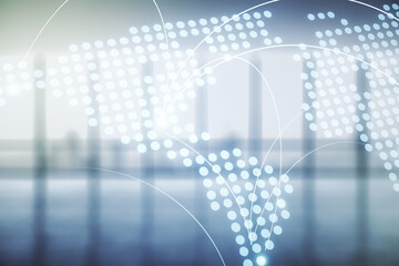 Abstract virtual world map with connections on empty corporate office background, international trading concept. Multiexposure