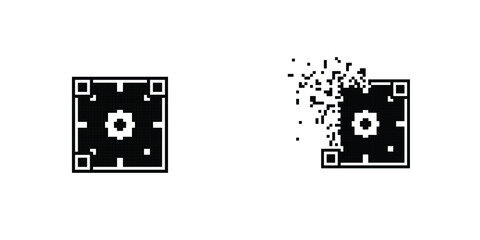 Ornamental Qr code tile disintegration into pixels, illustration for graphic design, colors: black and white