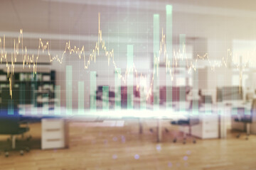 Obraz premium Double exposure of virtual creative financial diagram on a modern furnished office interior background, banking and accounting concept