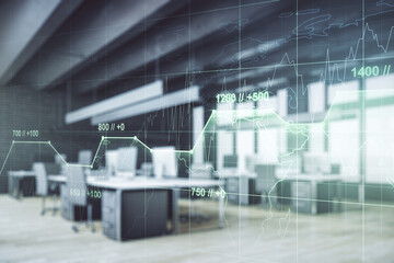 Multi exposure of creative statistics data hologram on modern corporate office background, stats and analytics concept