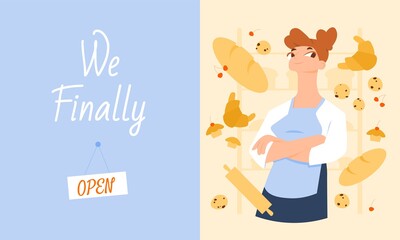 Inviting banner for a bakery opening on which friendly female baker surrounded by bread, croissants, muffins, cookies and rolling pin. Small bussiness or family bussiness
