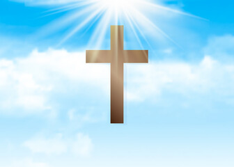 Christian cross on a background of blue sky in the sun.
