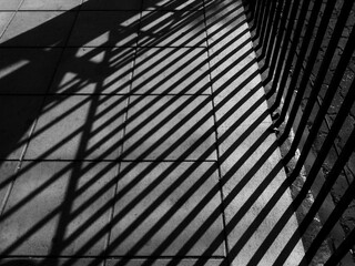 shadow of fence on footpath in street, black and white style