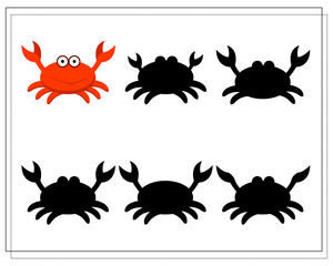 Puzzle game for kids find the right shadow. Choose a shade for the sea creatures, cartoon crab. vector isolated on a white background