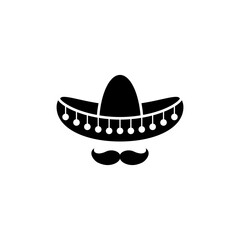 Sombrero, Mexican hat with mustache black icon. Flat logo isolated on white. vector illustration.