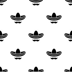 Seamless pattern with sombrero and mustache. Mexican hats ornament on white background.