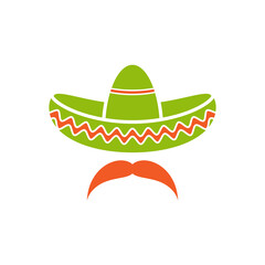 Sombrero, Mexican hat with mustache black icon. Flat logo isolated on white. vector illustration.