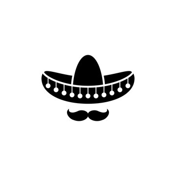 Sombrero, Mexican hat with mustache black icon. Flat logo isolated on white. vector illustration.