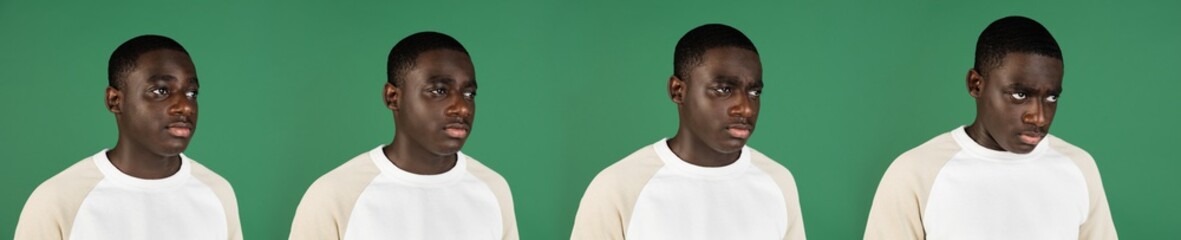 Obraz premium Evolution of emotions, African man's portrait isolated on green studio background with copyspace