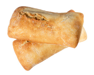 Italian ciabatta bread. Two loaves of crusty bread isolated on white. Top view.