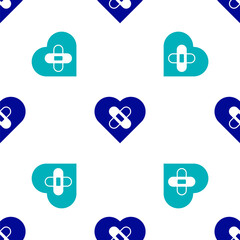 Blue Healed broken heart or divorce icon isolated seamless pattern on white background. Shattered and patched heart. Love symbol. Valentines day. Vector