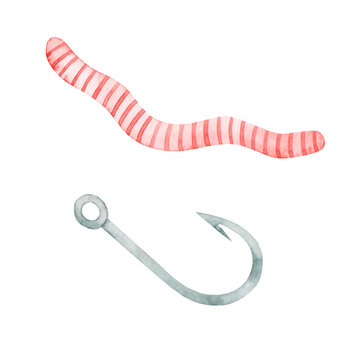 Watercolor hand drawing of a fishing hook and a worm. Isolated on a white background. Tackle for fishing.