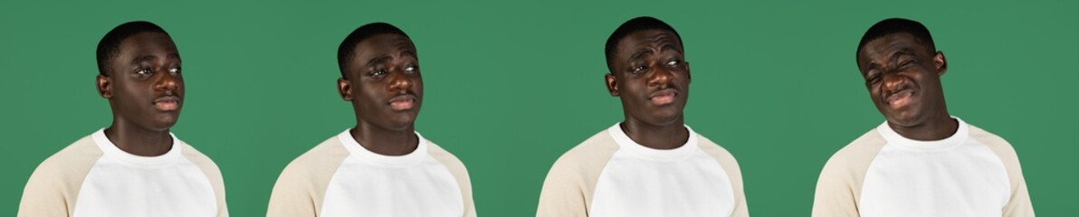 Fototapeta premium Evolution of emotions, African man's portrait isolated on green studio background with copyspace