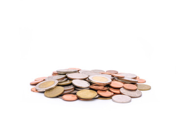 a pile of currency coins Investment, savings and profits business ideas isolated on white background